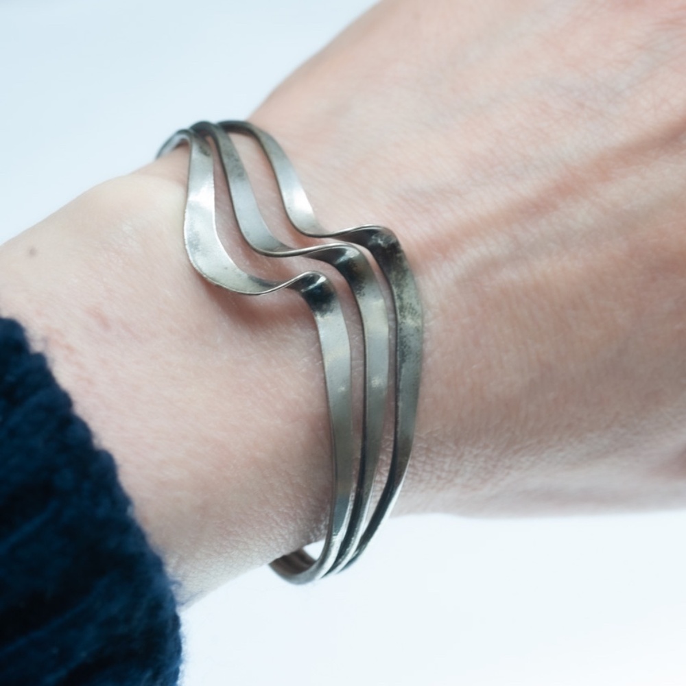 Vintage Modernist Silver Cuff Bracelet 3 Row Wavy Handmade